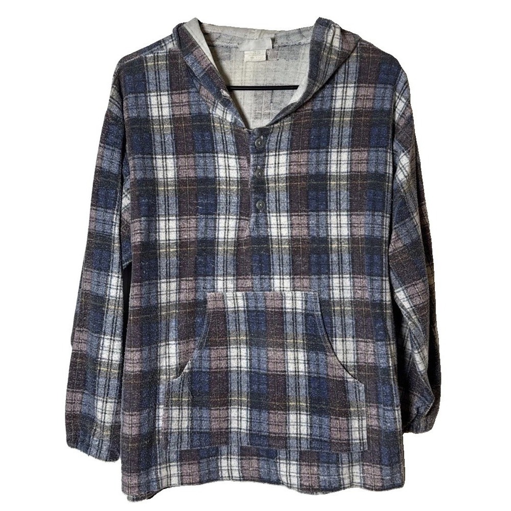 VTG 90s Rad Rag Plaid Hooded Henley Pullover Shirt Womens S Made USA